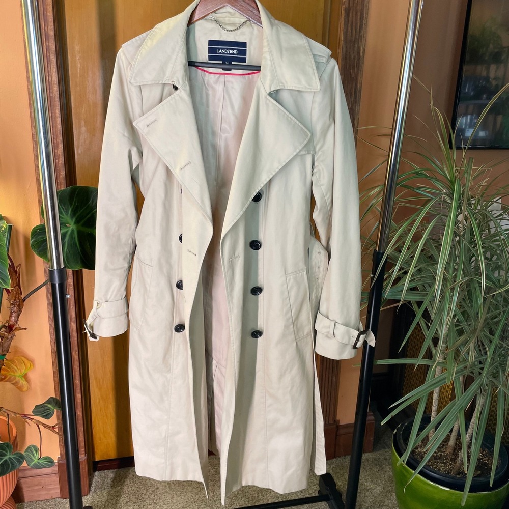 Lands End Womens Khaki Double Breasted Trench Coat Beige Academia Size 14